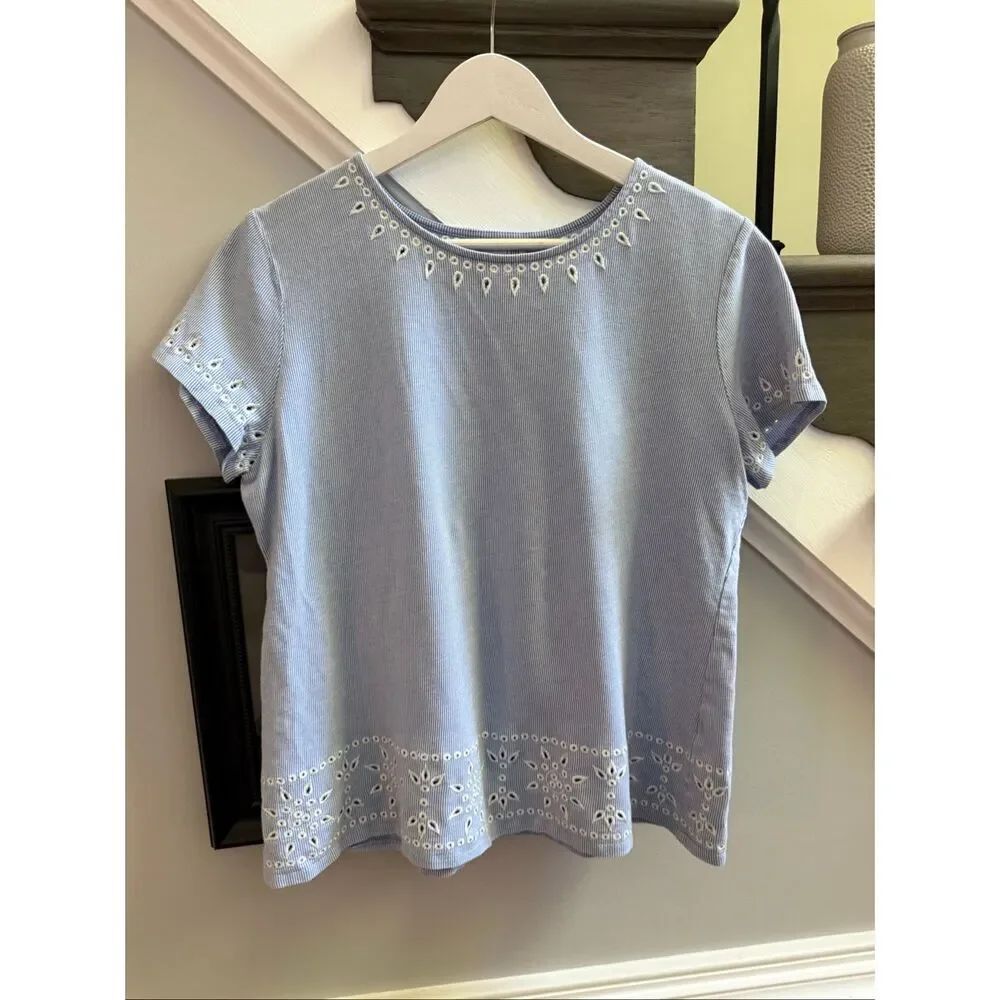 J. Jill Light Blue & White Fine Stripe and Eyelet Inset Top sz PL EUC